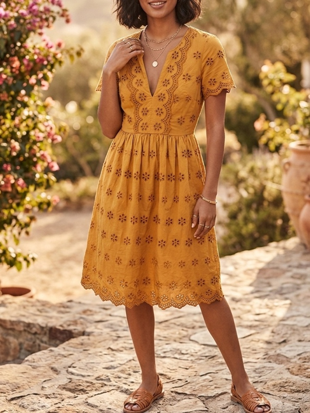 Madewell Mustard Yellow Eyelet Lace Dress V-Neck Short Sleeve Sun Dress Cotton❤️